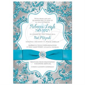 open house invitation templates rectangle bat mitzvah turquoise blue silver glitter damask invitation