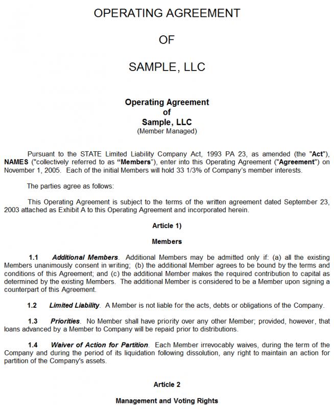 operating agreement samples