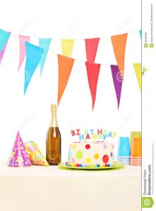 party plan template bottle sparkling wine plastic glasses party hats birthd birthday cake table isolated white background