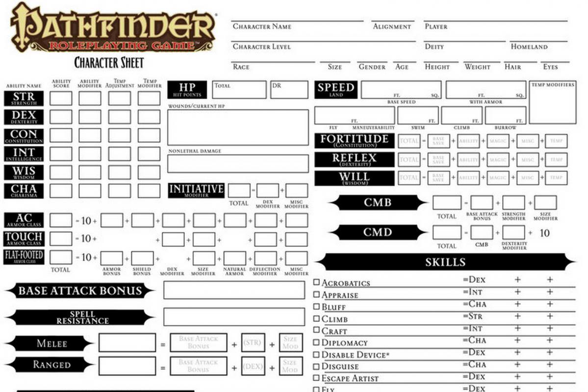 pathfinder printable character sheet