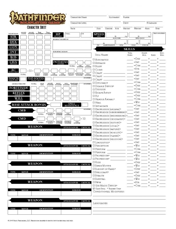 pathfinder printable character sheet