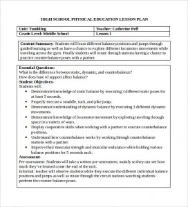 phys ed lesson plan template physical education lesson plan template word
