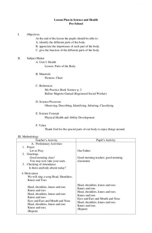 pre kindergarten lesson plan template