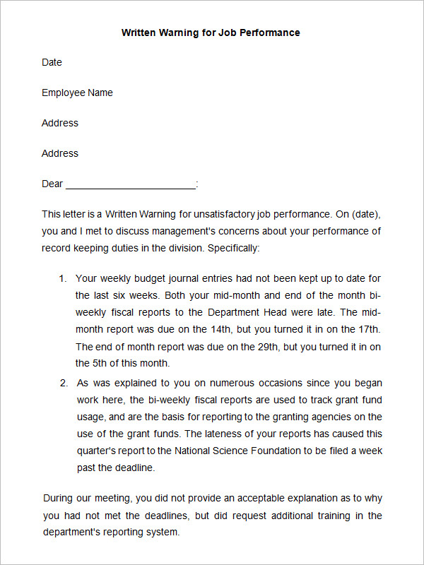 printable employee warning form