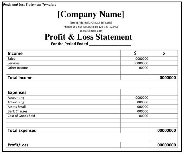 profit and loss form