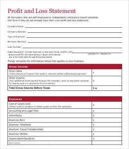 profit and loss statement form business profit and loss statement form
