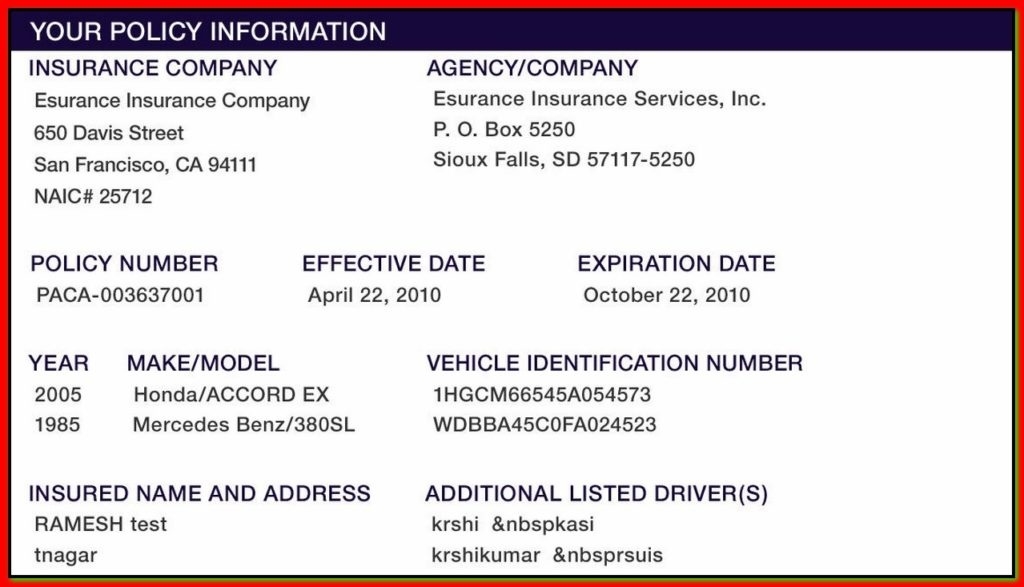proof of auto insurance template free