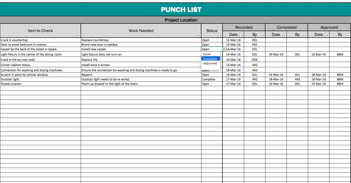 punch list template