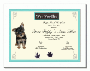 puppy birth certificates yorkshire puppy birth certificate