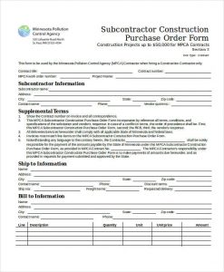 purchase order form subcontractor construction purchase order form