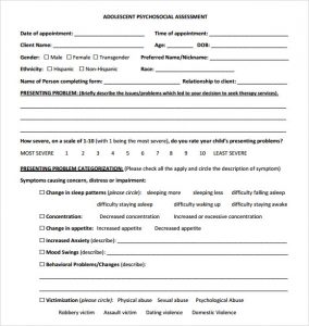 questionnaires templates word adolescent psychosocial assessment template