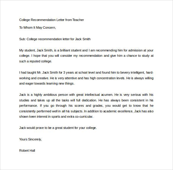 recommendation letter for college