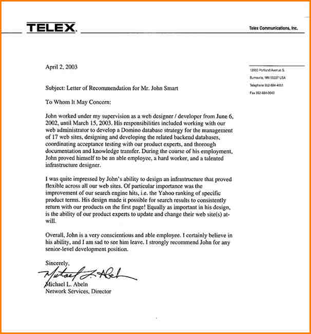 recommendation letter for employee