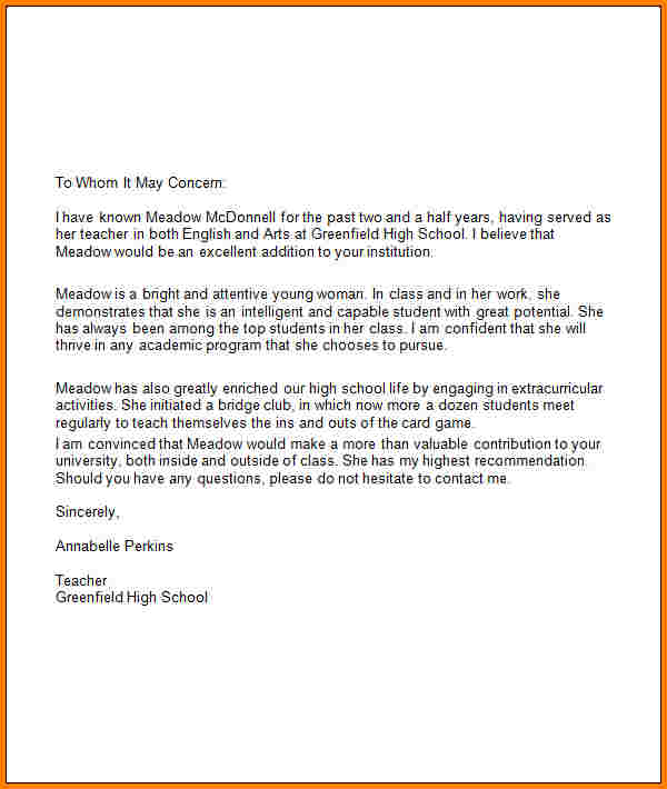 recommendation letter for high school student