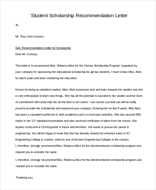 recommendation letter for student scholarship