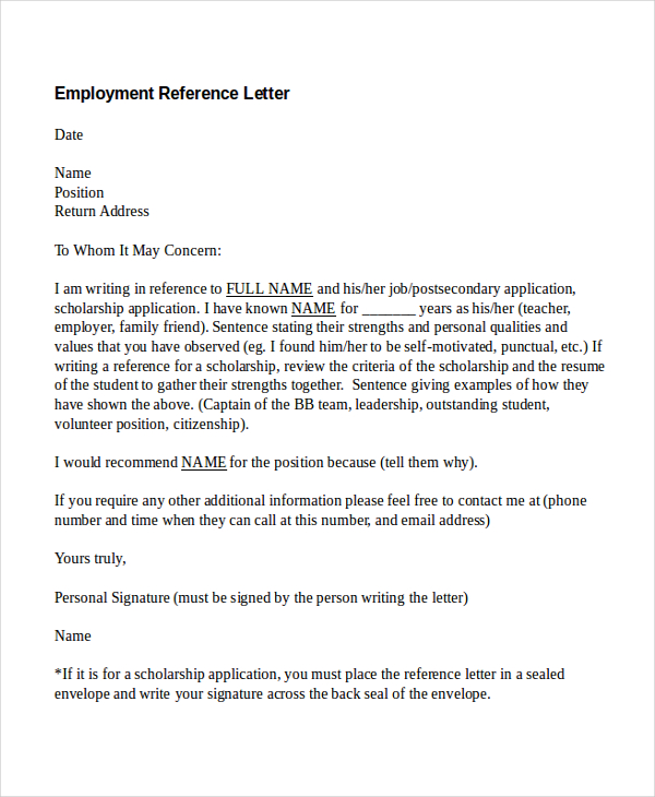 reference letters for employment