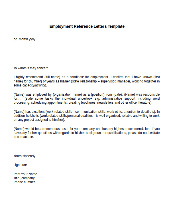 reference letters for employment