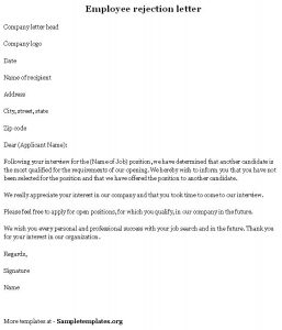 rejection letter template employee rejection letter