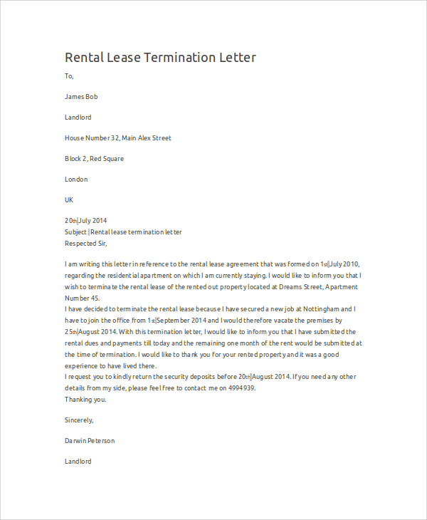rental termination letter