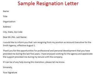 resignation letter format sample resignation letter