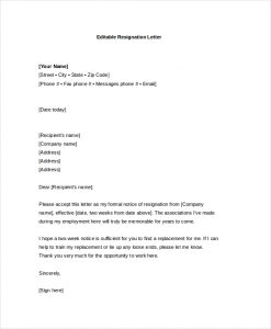 resignation letter templates editable formal resignation letter