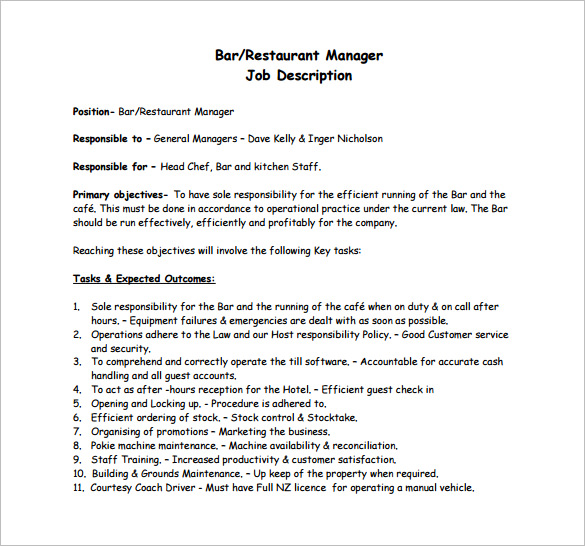 restaurant manager job description