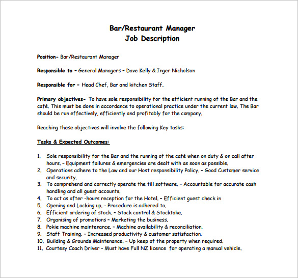 Restaurant Manager Job Description Template Business