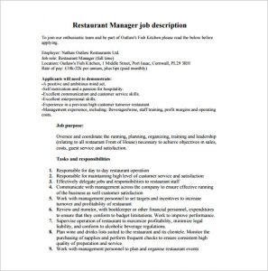 restaurant manager job description front of house restaurant manager job description free pdf