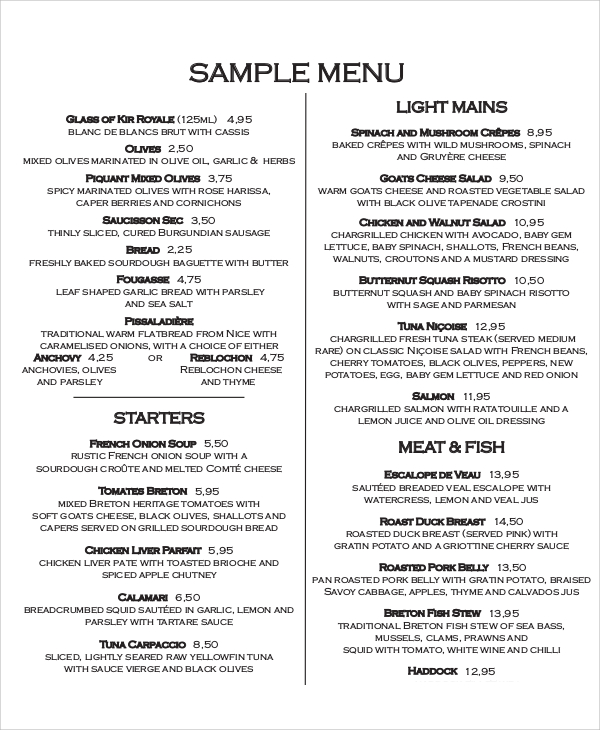 restaurant menu sample