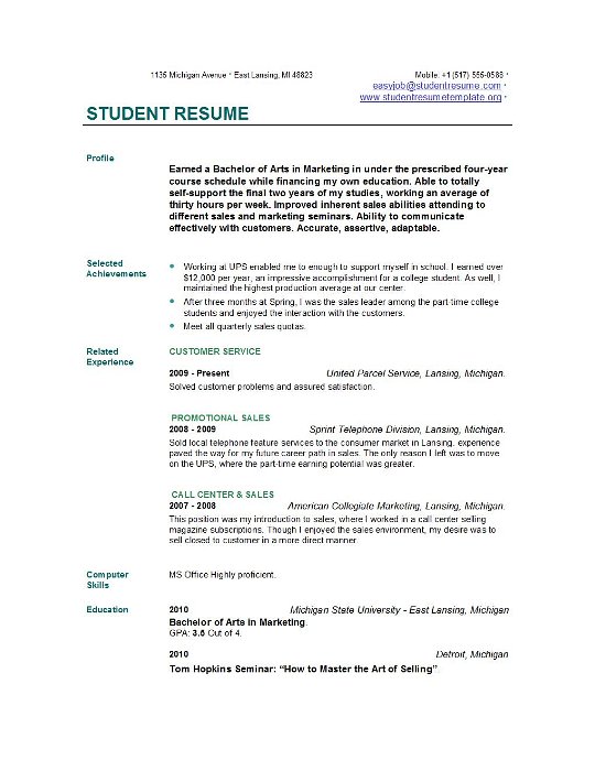 resume examples for college students