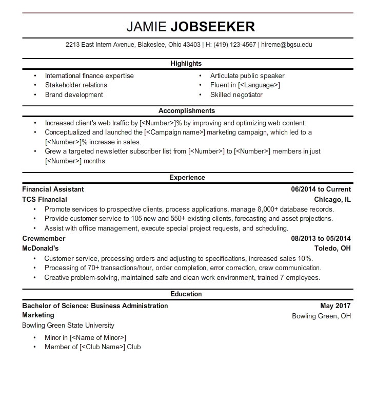 resume for a college student
