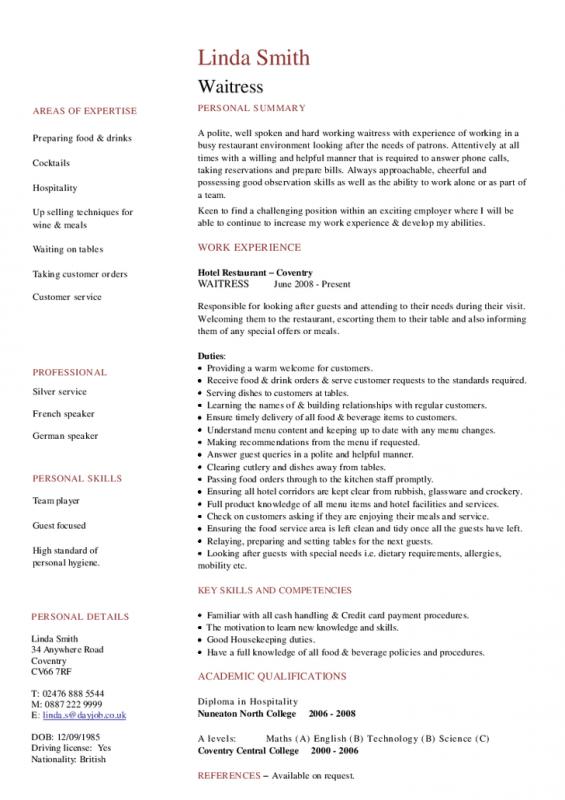 resume for waitress