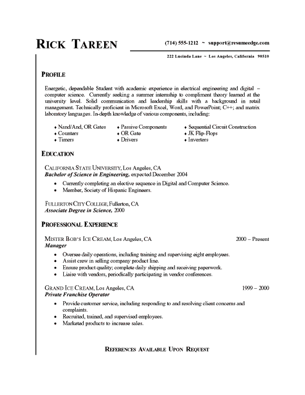 resume samples for college student