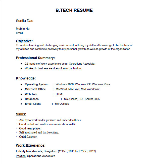 resume samples for freshers