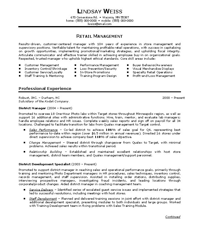 retail store manager resumes