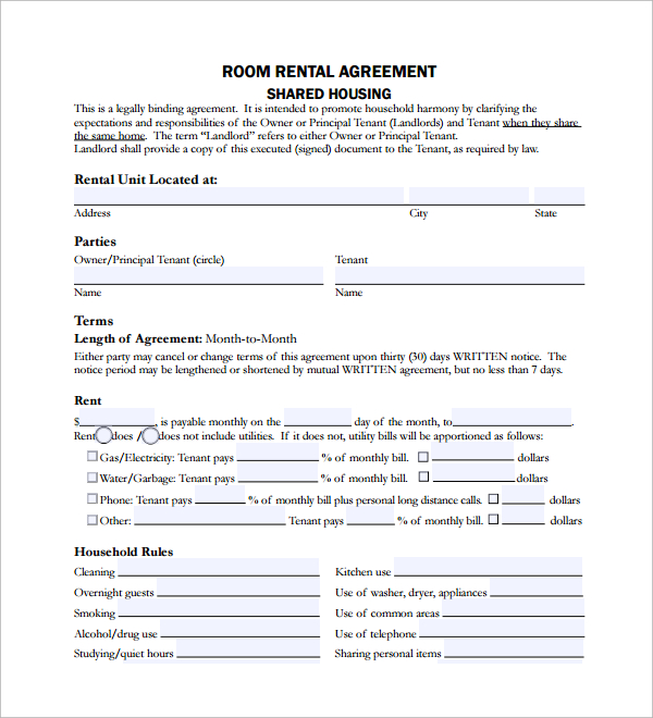 room rental agreement shared housing