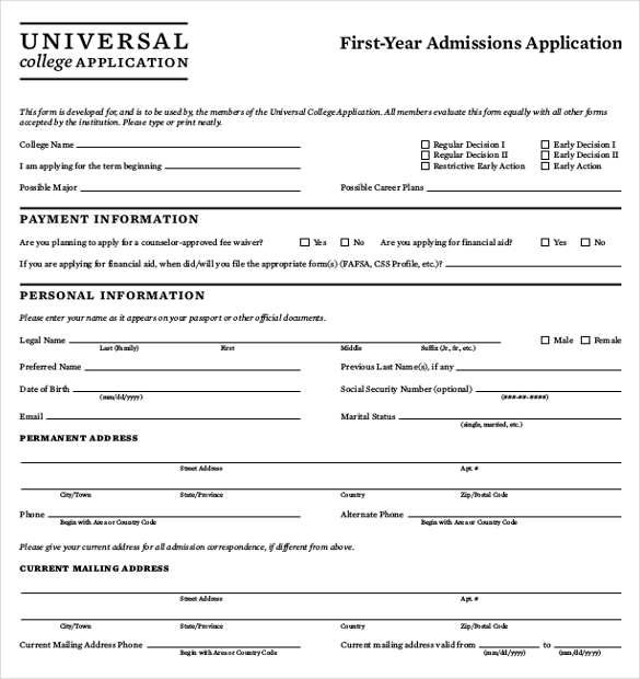 sample college applications