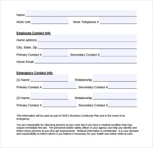 sample emergency action plan simple emergency contact form