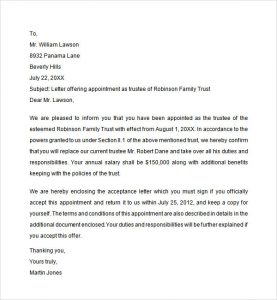sample employment offer letter trustee appointment letter