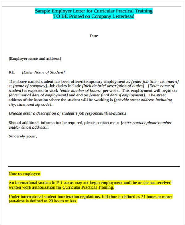sample letter of employement