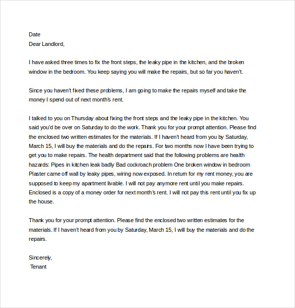 sample letter to tenant for damages