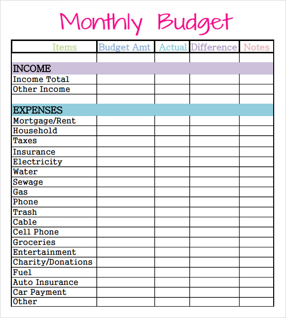 sample monthly budget