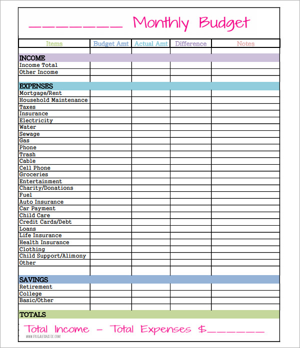 sample monthly budget