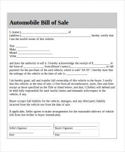 sample of bill of sale automobile bill of sale example