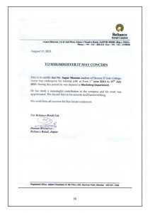sample of business letterhead an internship project report on reliance industries limited