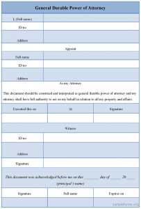 sample power of attorney form general durable power of attorney form