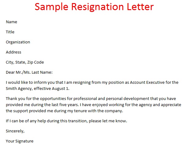sample resignation email