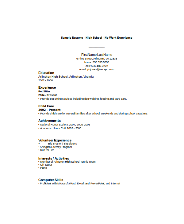 sample resume for high school student