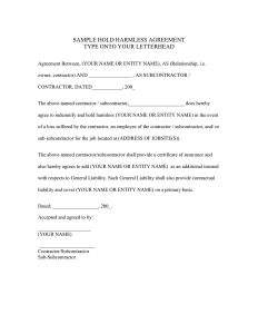 sample subcontractor agreement hold harmless agreement