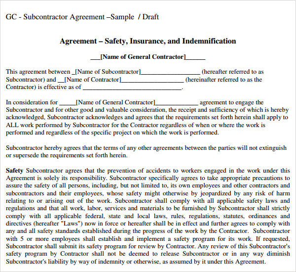 sample subcontractor agreement